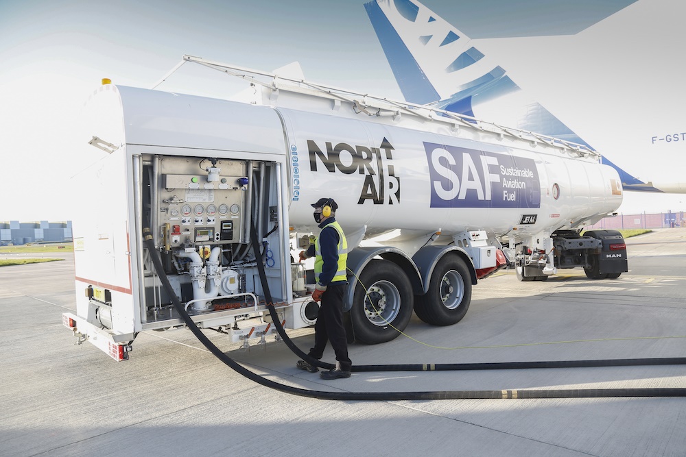 A Beluga aircraft using Sustainable Aviation Fuel (SAF) from the aerospace company’s Broughton plant in the UK