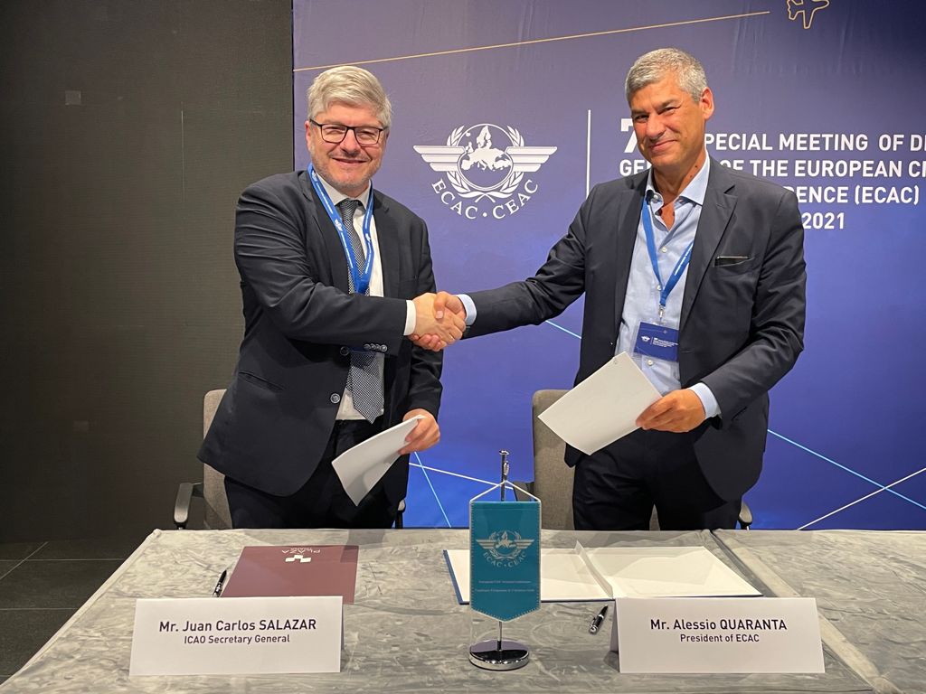 Juan Carlos Salazar, ICAO secretary general and Alessio Quaranta, President of Ecac signed agreement in Tirana, Albania during the 70th special meeting of the general manager ECAC from August 25 to 28, 2021