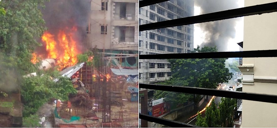 Wreckage in flames of the Beechcraft C-90 King Air plane of Uy Aviation crashed in the suburb of Mumbai, India, on June 28, 2018. 4 victims on board and one at ground