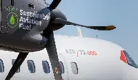 An ATR-72/600 aircraft with both PW127M engines fueled exclusively with SAF (Sustainable Aviation Fuel)
