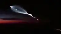 Alleged launch of the American balistic missile D5 Trident II from a US aircraft carrier fimed from a cockpit of an Airbus airliner of Mexican Airlines