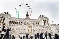 Rome on June 2, 2021. Overflying by MB-339 airplanes of the Italian Frecce Tricolori (PAN) on the Altare della Patria in Rome in the occasion of the 75th anniversary of the Italian Republic
