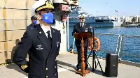 Taranto (Italy), April 1st, 2021. Admiral Fabio Agostini, Operation Commander of "Irini", at the ceremony of the takeover of the new Force Commander, Rear Admiral Stefano Frumento of the Italian Navy