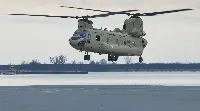 A Royal Netherlands Air Force (RNLAF) CH-47F Chinook helicopter takes flight