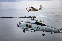 Military exercise of a US MH-60R and a Japanese SH-60K helicopter