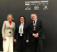 "Paris-Le Bourget 2019". Domitilla Benigni, general director of Elettronica and Enzo Benigni (Presidente and CEO) together with the Defence Minister Elisabetta Trenta