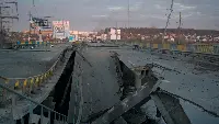 Highway section adjacent to the village of Buzova, in the Kiev Oblast, hit on February 28, 2022 by Russian forces