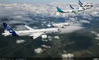 Airbus Commercial Aircraft flying in formation: A-220/300, A-319neo, A-330/900, A-350/1000 and A-380, plus the BelugaX