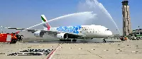 A-380 airplane of Emirates welcomed with the traditional water cannon on July 2nd on the route Dubai-Muscat