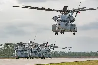 A Sikorsky CH-53K King Stallion helicopter during lift off