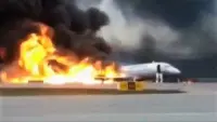 Superjet airplane of Aeroflot in flames at the Moscow-Sheremetyevo Airport on May 5, 2019