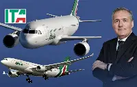 Il presidente esecutivo di Ita, Alfredo Altavilla. In alto a sinistra il logo della nuova compagnia sovrasta aerei Alitalia in scatti di repertorio