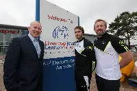 (L to R): LJLA’s Paul Winfield with Vikings Co-Captain Joe Mellor and Head Coach Denis Betts at Liverpool "John Lennon Airport"