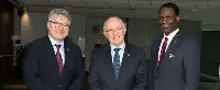Salvatore Sciacchitano (centre) re-elected as Council President by the Representatives of the ICAO Council, ICAO Secretary General Juan Carlos Salazar (left), and the First Vice-President of the Council and Permanent Representative of South Africa, Levers Mabaso