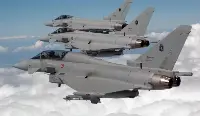 Eurofighter airplanes in a formation flight