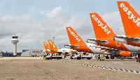 EasyJet airplanes on apron of an airport