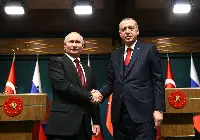 The Russian President Vladimir Putin and the Turkish counterpart Recep Tayyip Erdogan sign agreement in Ankara, on April 3, 2018 on S-400 system and nuclear