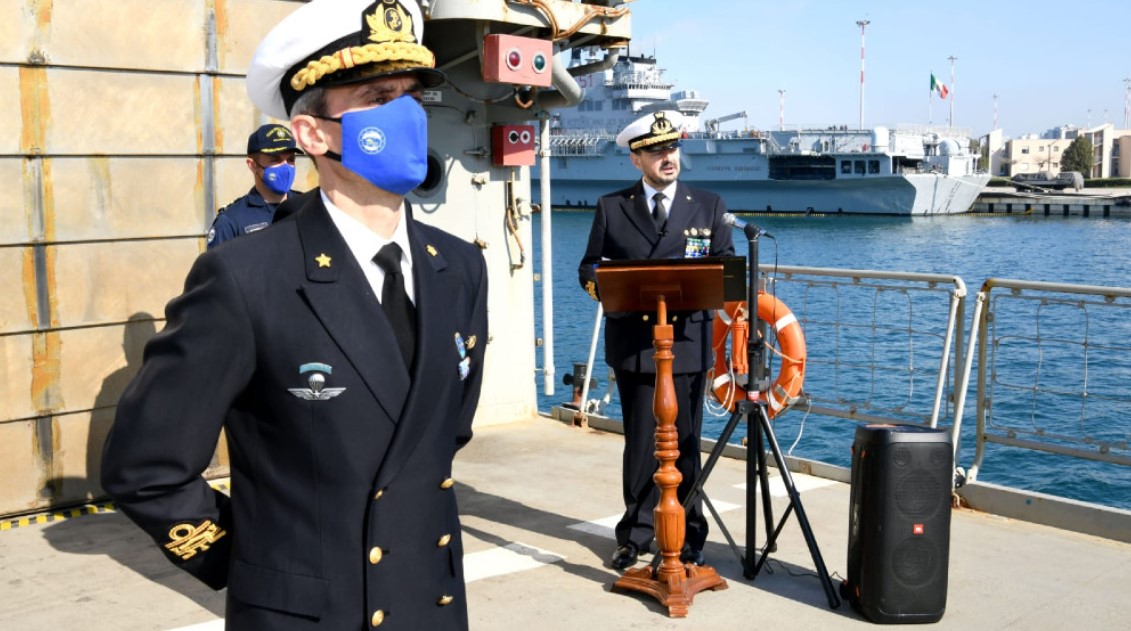 Taranto (Italy), April 1st, 2021. Admiral Fabio Agostini, Operation Commander of "Irini", at the ceremony of the takeover of the new Force Commander, Rear Admiral Stefano Frumento of the Italian Navy
