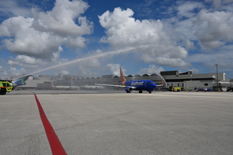 Water cannon salute given to first Southwest Airlines departing flight from Miami International Airport