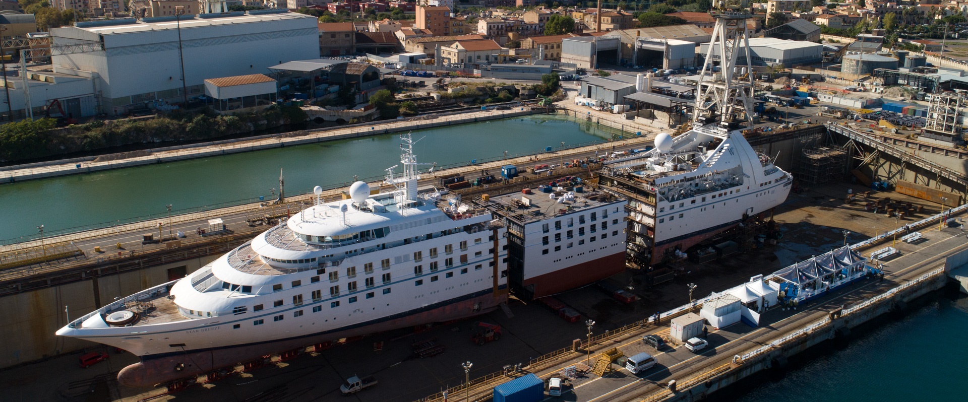 Windstar Cruises’ Star Breeze is cut in two, with the new section inserted, at Fincantieri’s shipyard in Palermo: ceremony on October 17, 2019.