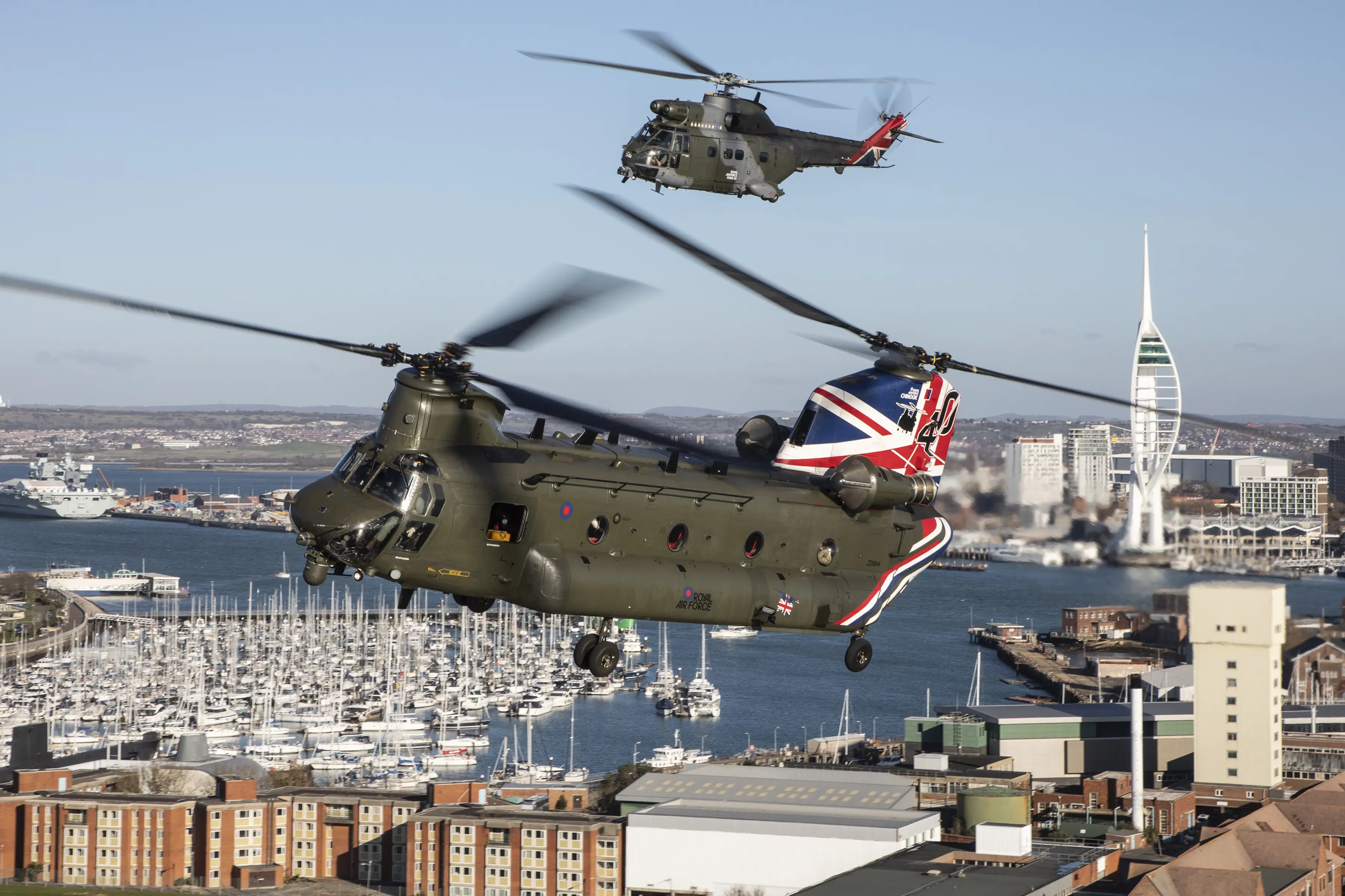 Two Royal Air Force helicopters that have completed 40 and 50 years of service