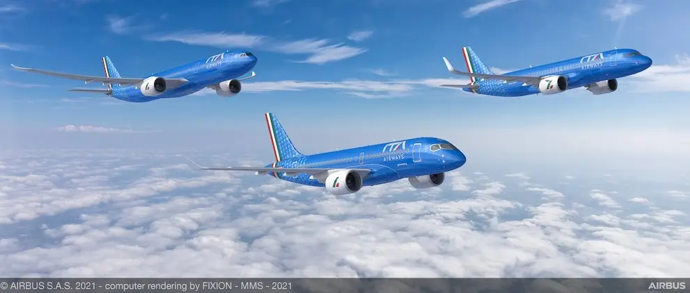 Formation fight A-330/900, A-220/100 and A-320neo aircraft of ITA Airways