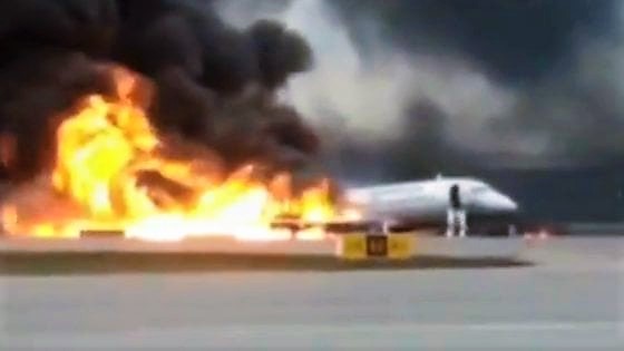Superjet airplane of Aeroflot in flames at the Moscow-Sheremetyevo Airport on May 5, 2019