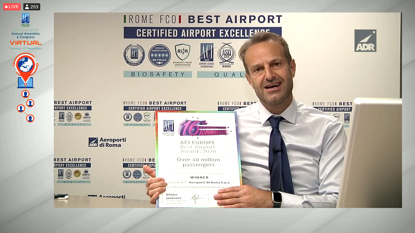 Aeroporti di Roma SpA receives the award in the over 40 million passenger category by Aci Europe in 2020