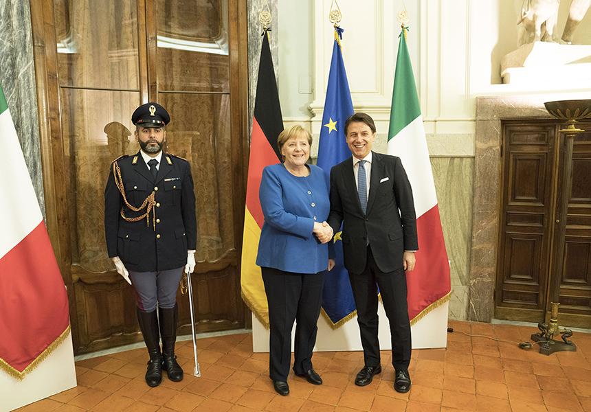 Prime Minister Giuseppe Conte welcomed German Chancellor Angela Merkel in Rome