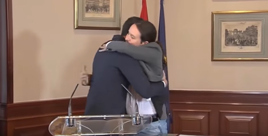 The president of the Spain Pedro Sanchez and the deputy and leader of the left party called "Podemos" Pablo Iglesias
