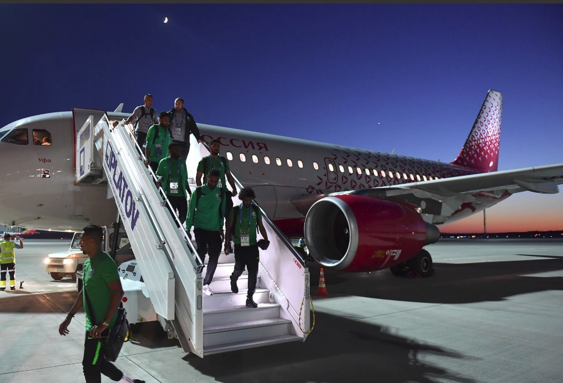 Saudi Arabia football players getting off the plane at Rostov Airport in Russia