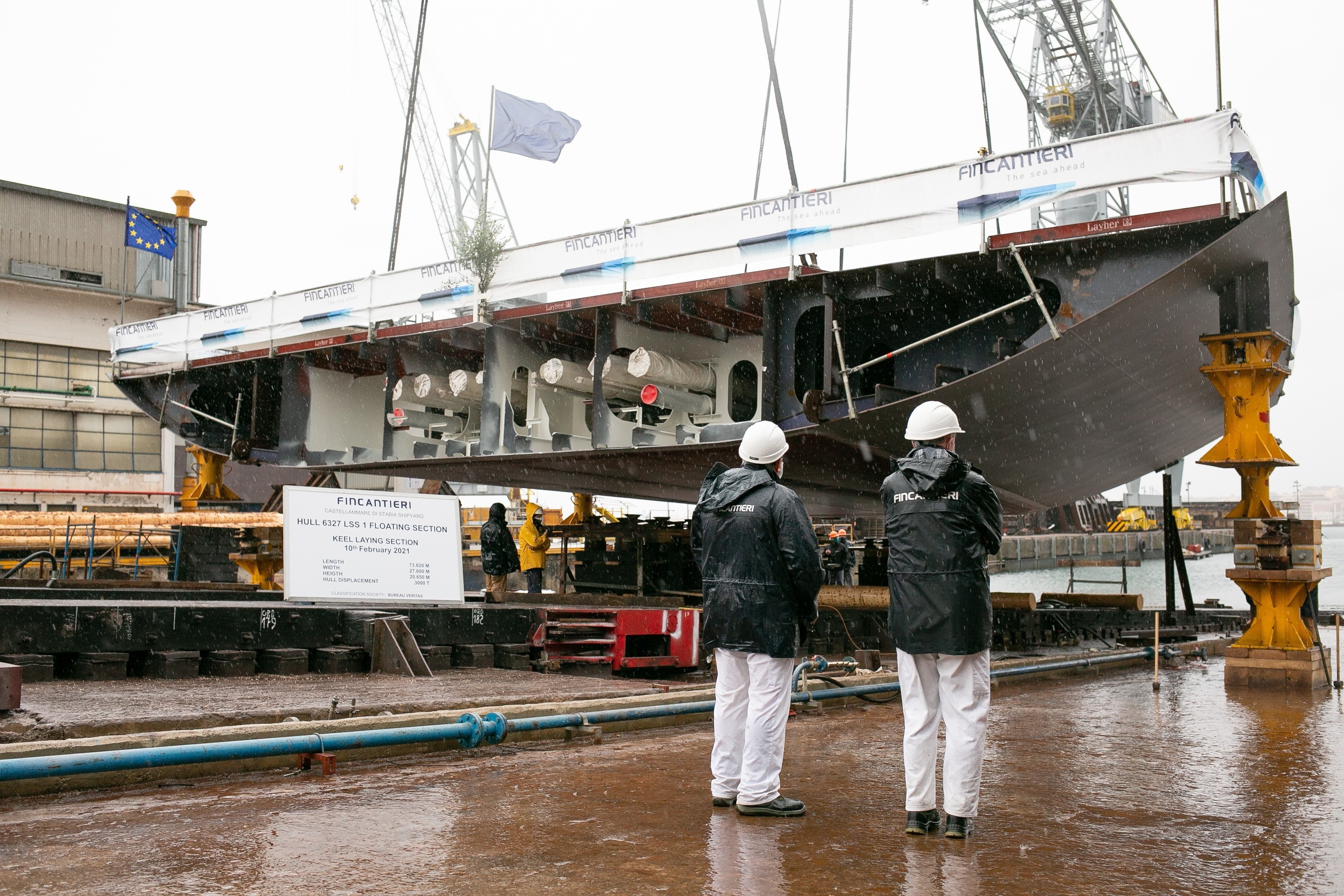 February 10, 2021. Fincantieri: the keel-laying of the forward section of “Jacques Chevallier”, the first of four logistic support units LSS (Logistic Support Ship)