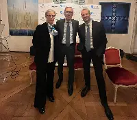 Da sinistra a destra: Federica Favi (ambasciatore italiano in Belgio), Alfonso Celotto (presidente Aeroporti 2030), Marco Troncone (ceo Adr) al convegno "Il sistema aeroportuale italiano" il 30 gennaio 2024
