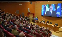 Roma, 19 novembre 2024. “1° Forum nazionale della formazione interforze-Le competenze come dominio strategico” svoltosi presso il Casd (Centro alti studi difesa) a Palazzo Salviati: videomessaggio del ministro Difesa Guido Crosetto