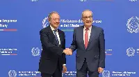 Roma, 20 febbraio 2025. Il ministro Adolfo Urso (Mimit) incontra il consigliere federale svizzero Guy Parmelin, capo del dipartimento dell’economia, della formazione e della ricerca elvetico