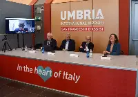 Perugia, 14 gennaio 2025. Conferenza-stampa visita presidente Borgomeo di Assaeroporti allo scalo umbro. Da sinistra: Giorgio Mencaroni (vp Sase), Umberto Solimeno (dg Sase), Carlo Borgomeo (presidente Assaeroporti) e Silvia Ceccarelli (direttore aeroportuale Regioni centro di Enac)