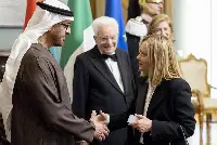 Palazzo del Quirinale, 23/02/2025 (II mandato) Il presidente della Repubblica Sergio Mattarella con lo sceicco Mohamed bin Zayed Al Nahyan, presidente degli Emirati Arabi Uniti ed il presidente del Consiglio Giorgia Meloni