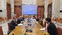 Roma, 20 febbraio 2025. Il ministro Adolfo Urso (Mimit) incontra il consigliere federale svizzero Guy Parmelin, capo del dipartimento dell’economia, della formazione e della ricerca elvetico